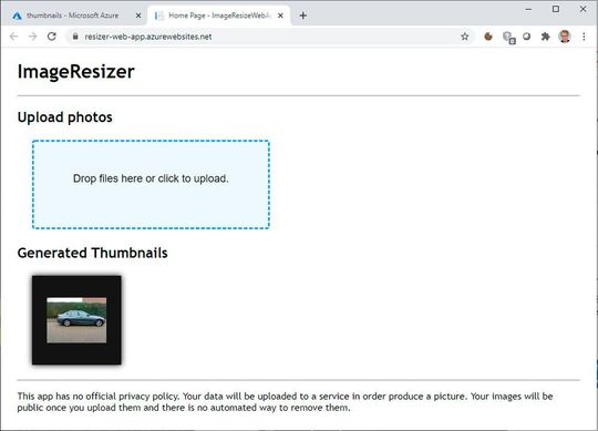 Test our image resizer in the Azure Web app.